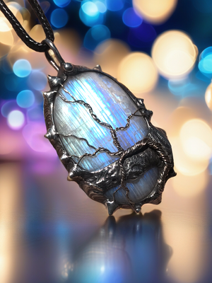 Rainbow Moonstone adorned with gold and sterling silver tree of life