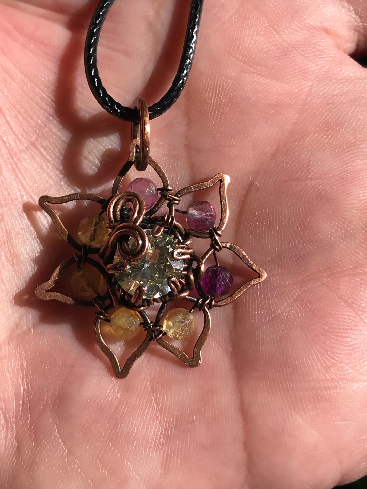 Copper crafted lotus flower pendant with Rainbow Fluorite