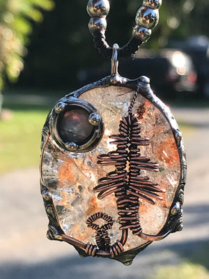 Bespoke tree landscape on hematite Quartz adorned with a mystical opalite moon