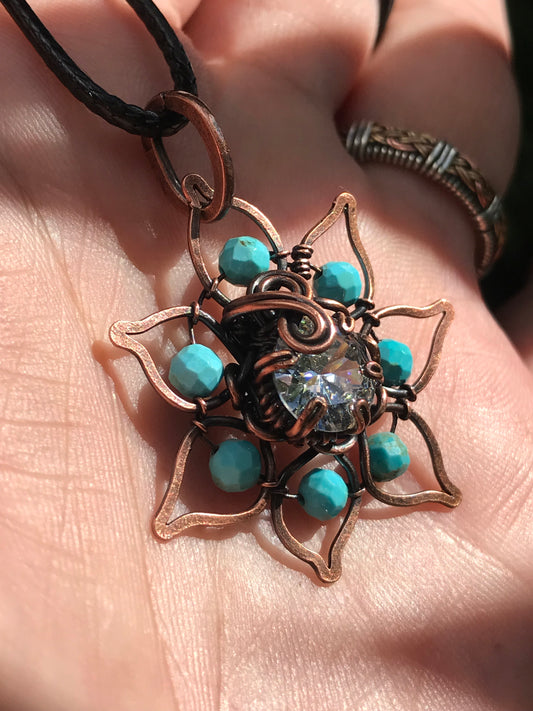 Copper crafted lotus flower pendant with Turquoise