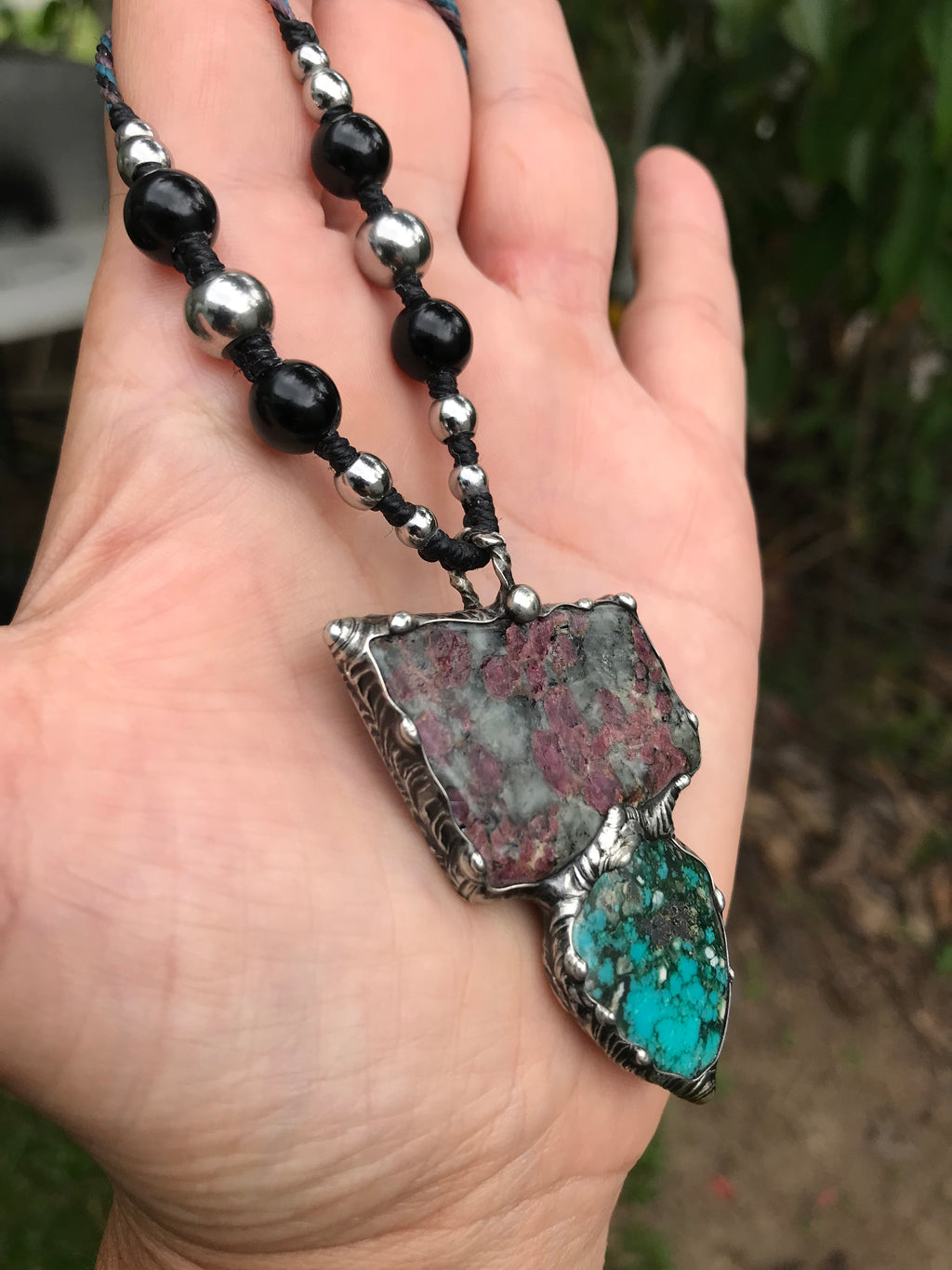 Eudialite and persian turquoise pendant