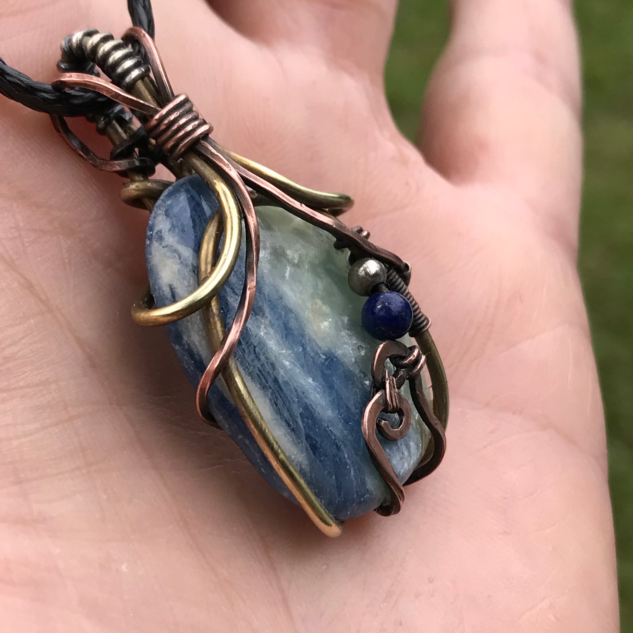 Reserved for Marisa Blue polished Kyanite triple metal wire wrap with lapis lazuli