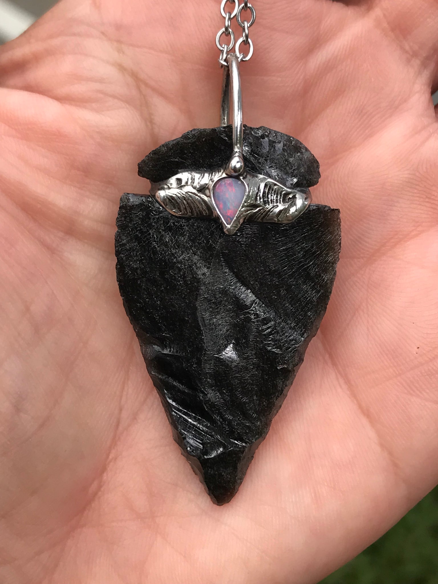 Silversheen Obsidian Arrowhead adorned with lightning ridge Opal