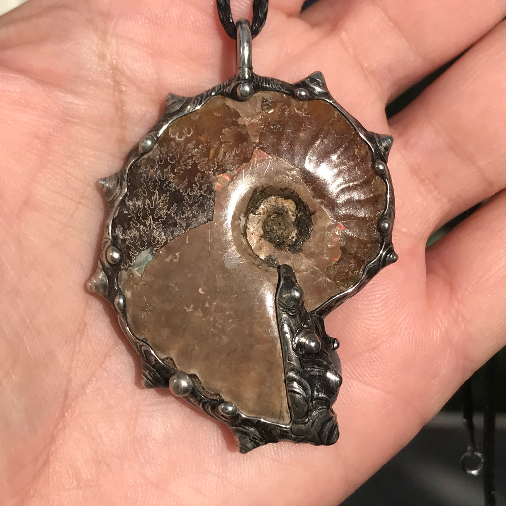 Ammonite and Rainbow Moonstone Amulet