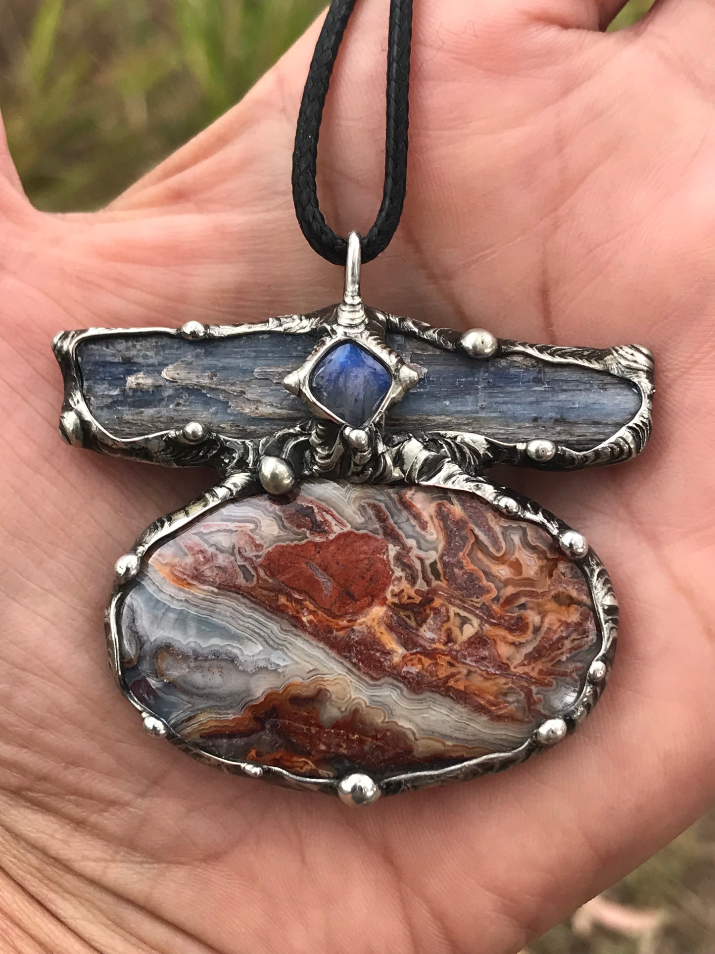 Crazy Lace Agate, blue Kyanite and moonstone triple statement pendant