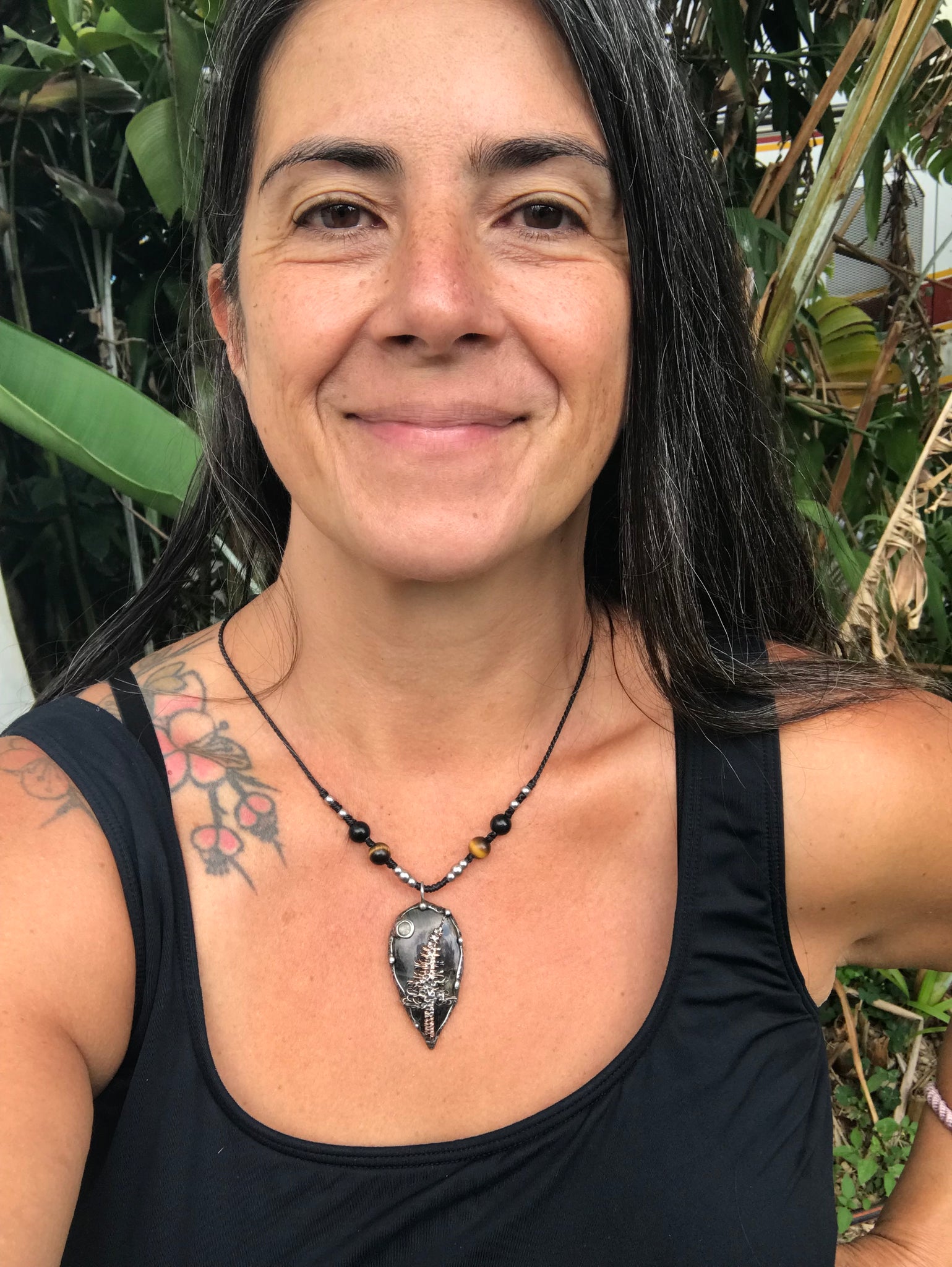 Bespoke magical tree on Blue Tiger eye crystal pendant adorned with Moonstone