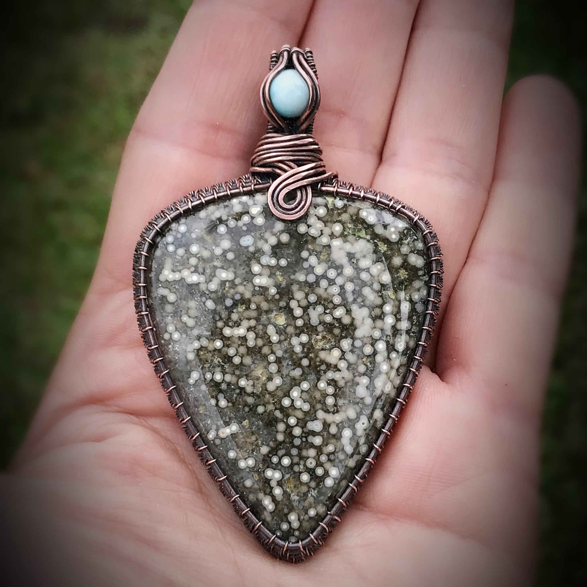 Ocean jasper and Larimar wite wrap crystal pendant