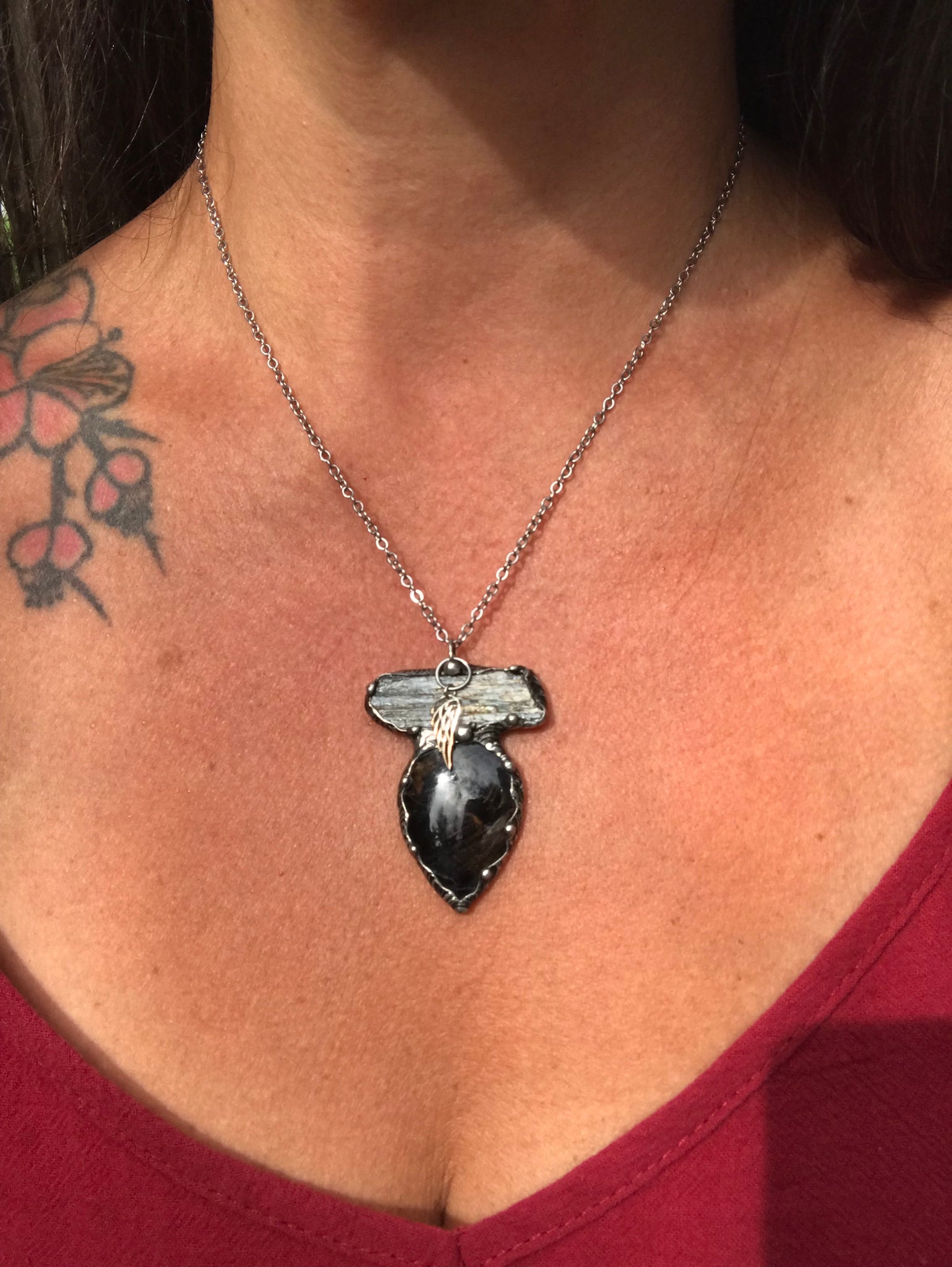 Pietersite and blue Kyanite magic adorned with a sterling silver wing