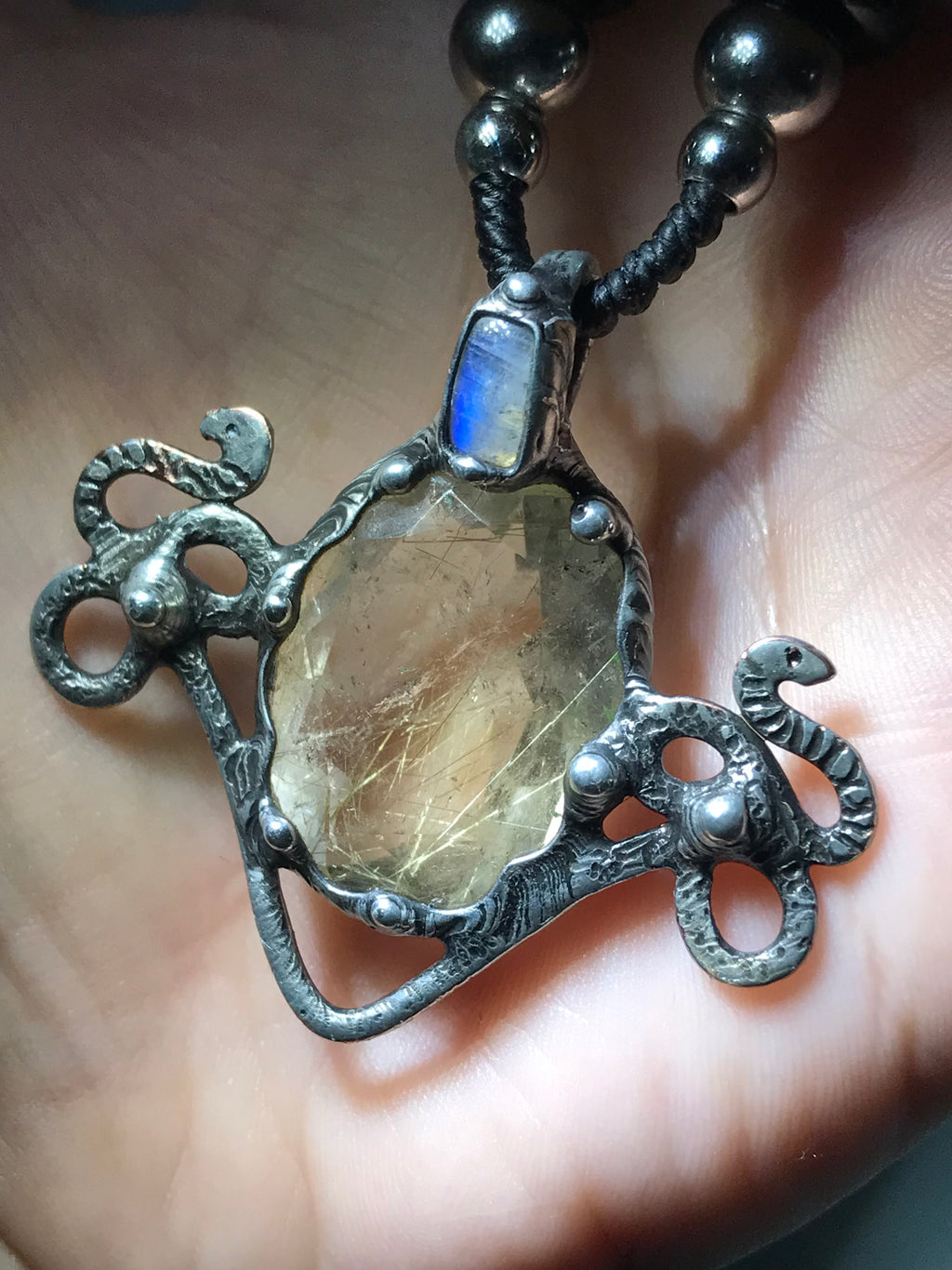 High priestess Golden Rutile and blue flash labradorite serpent pendant