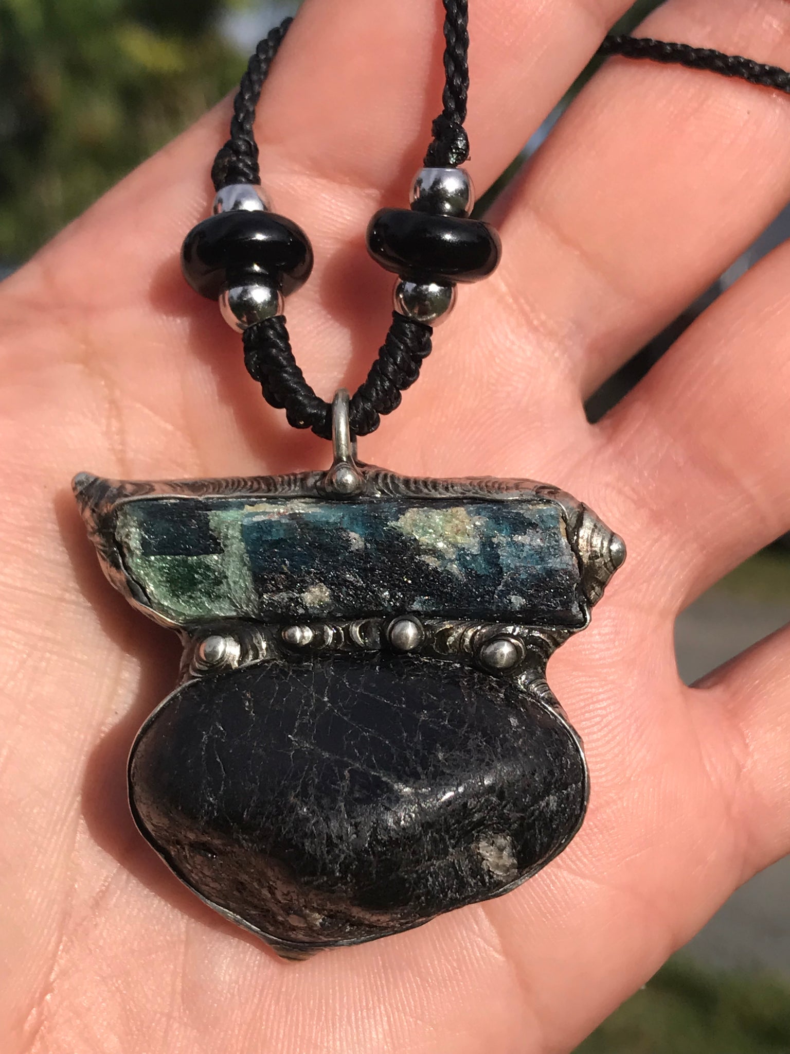 Black Tourmaline and Fuchsite in kyanite pendant