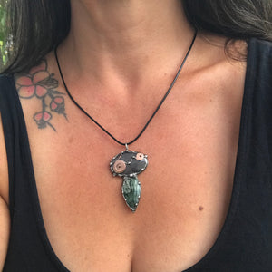 Double spiralled Hypersthene and Seraphinite pendant