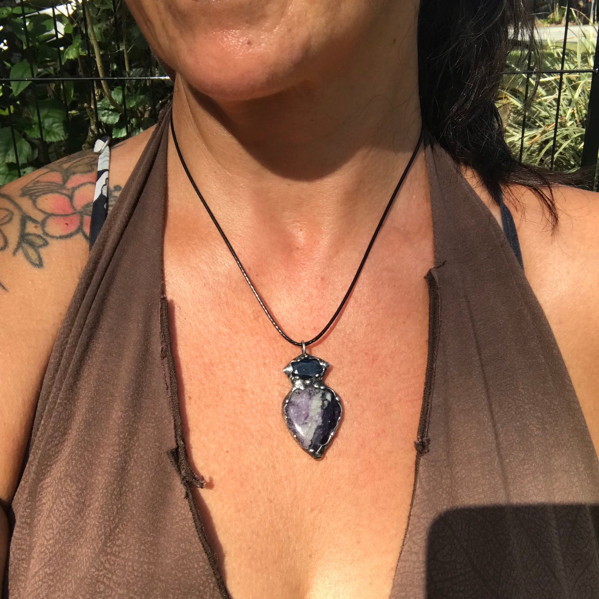 Lepidolite and blue faceted Azurite pendant