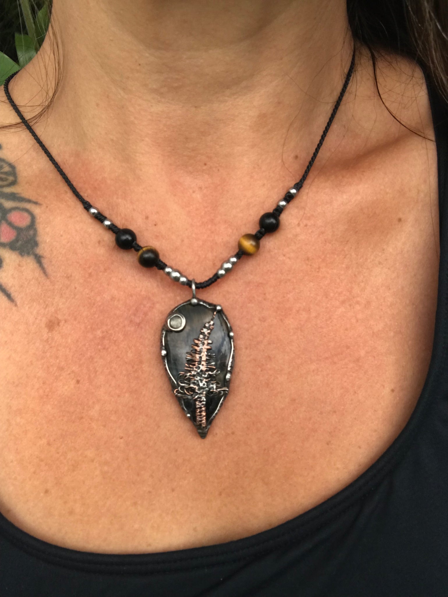 Bespoke magical tree on Blue Tiger eye crystal pendant adorned with Moonstone