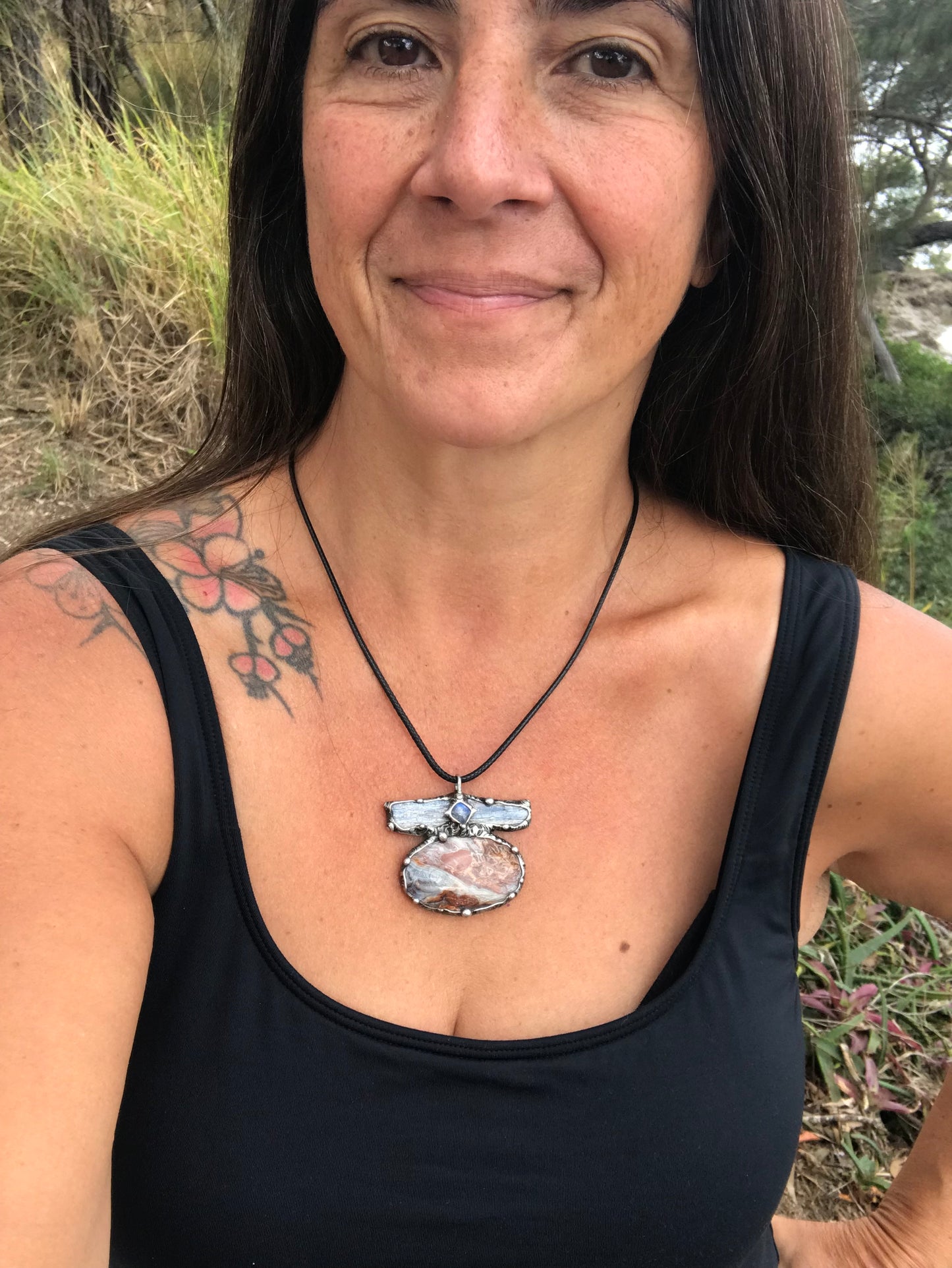 Crazy Lace Agate, blue Kyanite and moonstone triple statement pendant