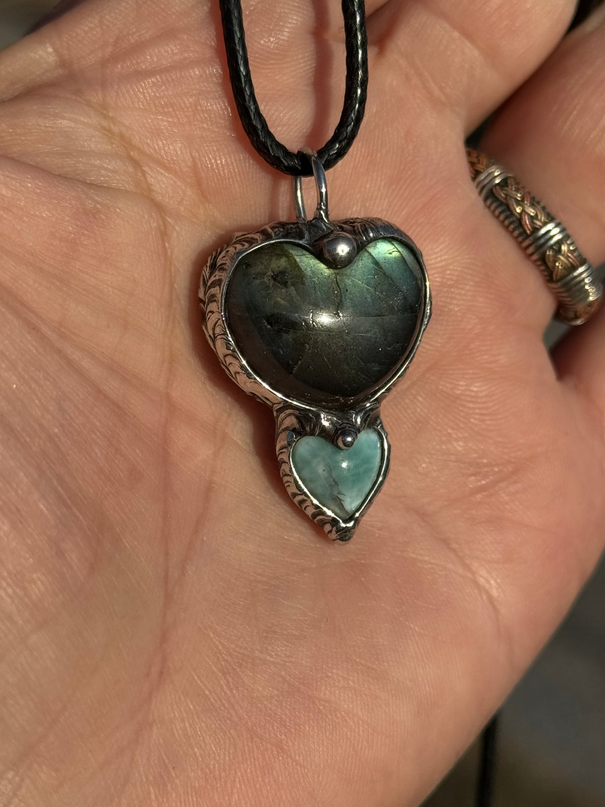 TWIN FLAME HEARTS - Golden Labradorite + Larimar Double Heart