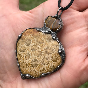 Statement pendant-Fossilised Coral and Tigereye goddess