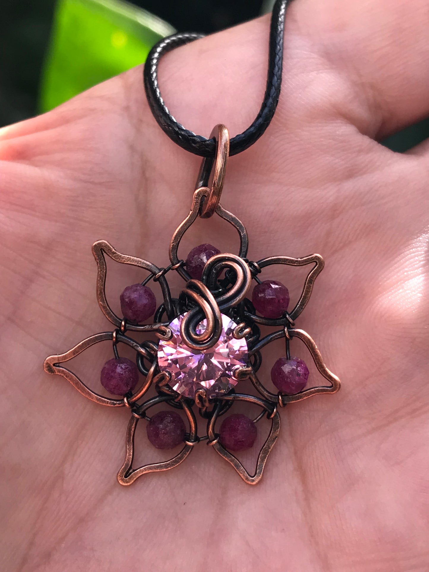 Copper crafted lotus flower pendant with Ruby