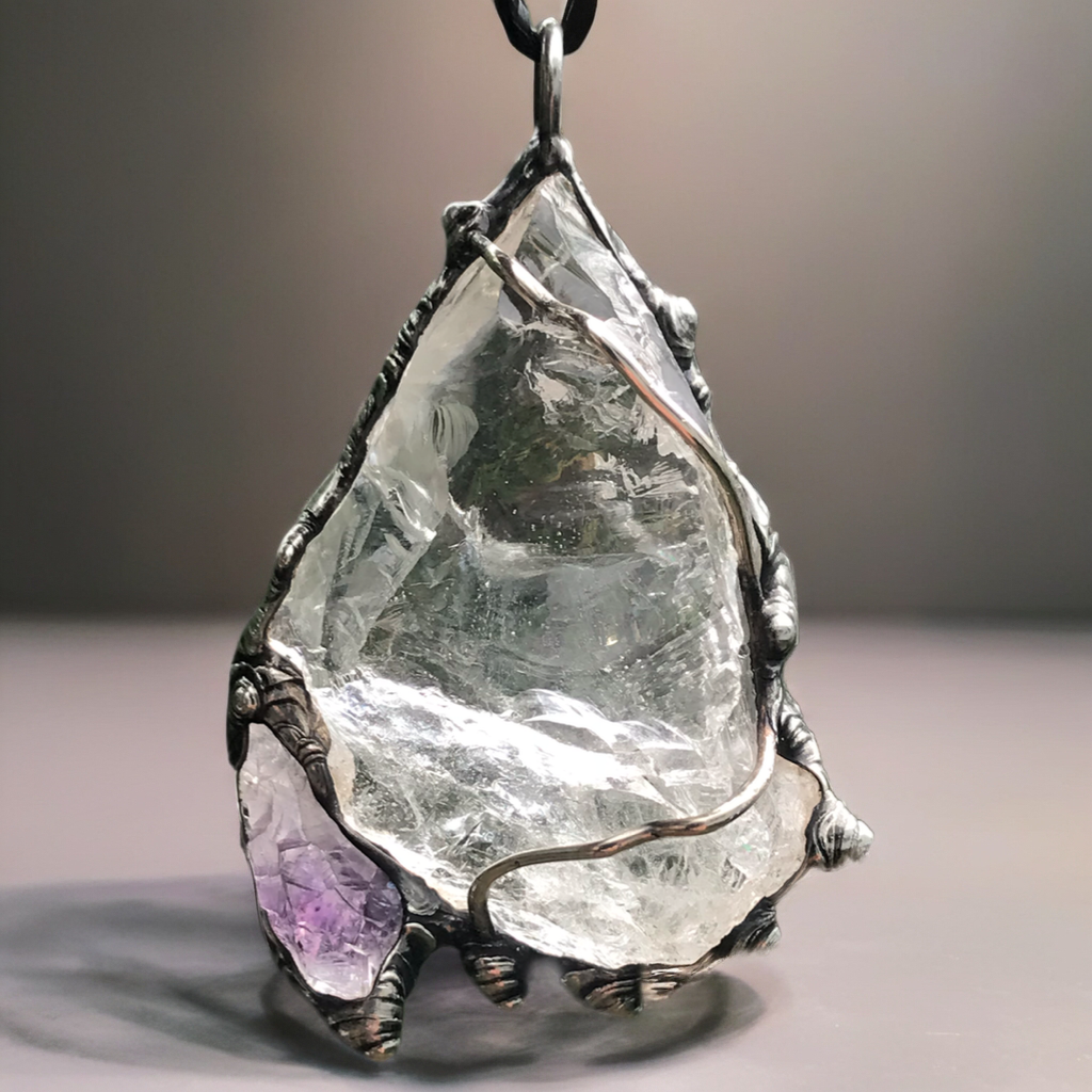 Rough Clear Quartz pendant with rainbow adorned with small Amethyst point