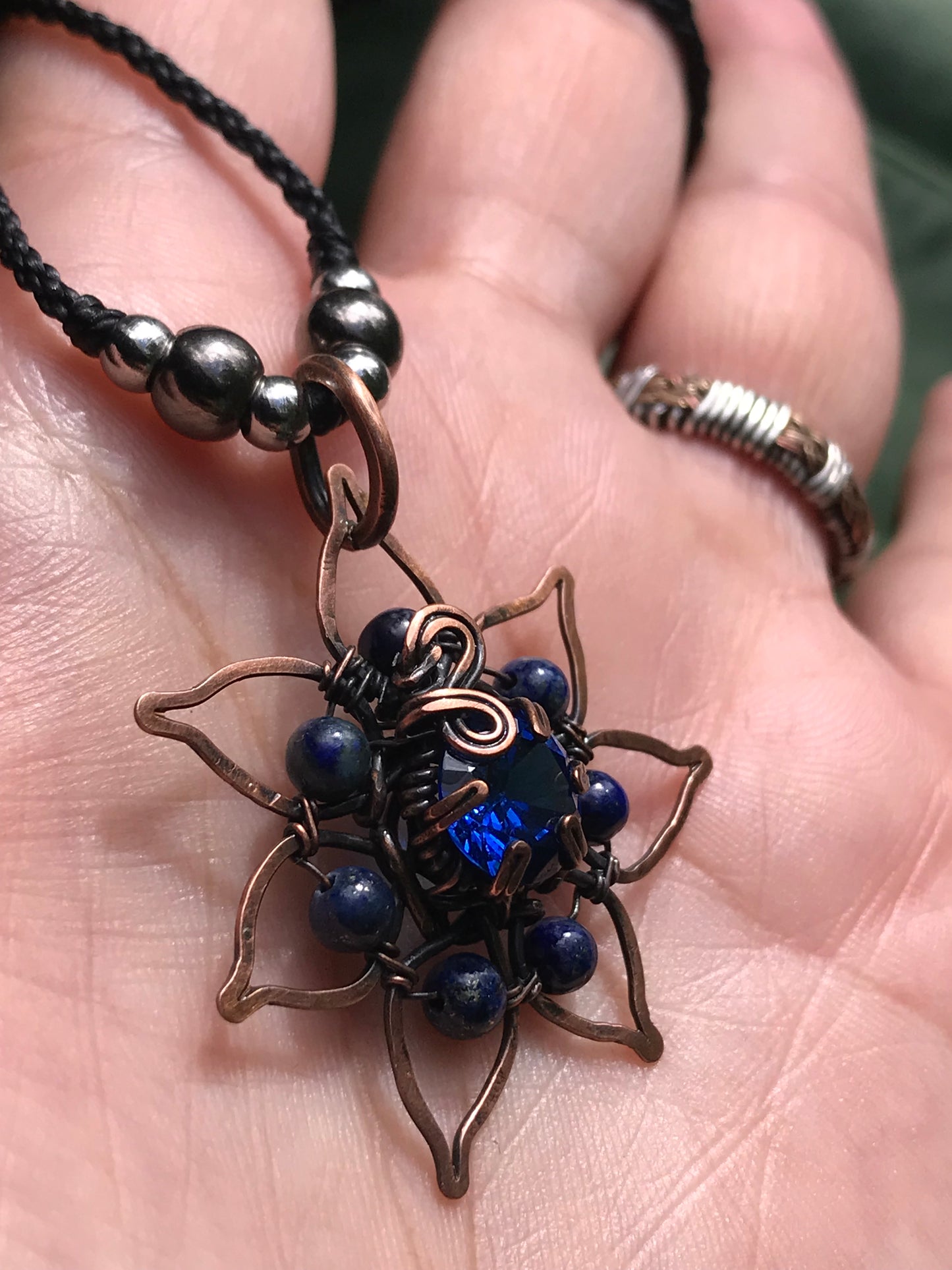 Copper crafted lotus flower pendant with Lapis Lazuli