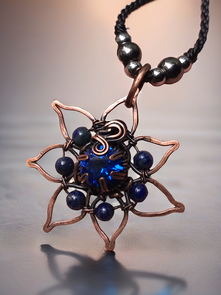 Copper crafted lotus flower pendant with Lapis Lazuli