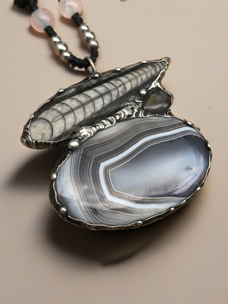 Statement Agate, Orthaceras and Labradorite pendant