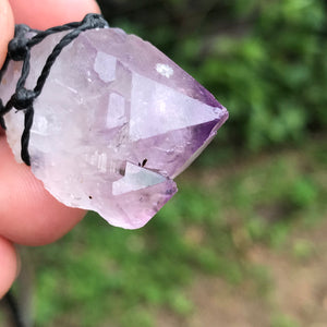 Rough Amethyst Point and black onyx wrapped in Linhasita