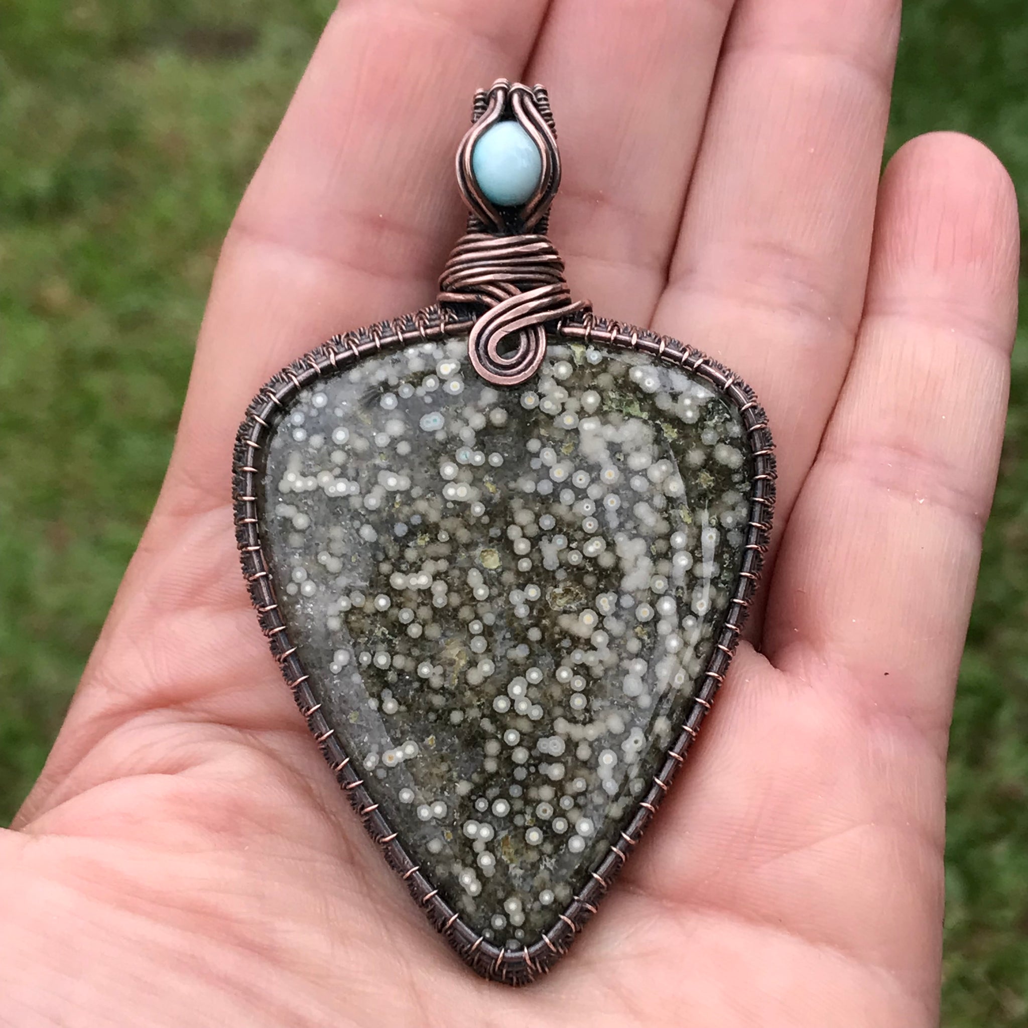 Ocean jasper and Larimar wite wrap crystal pendant