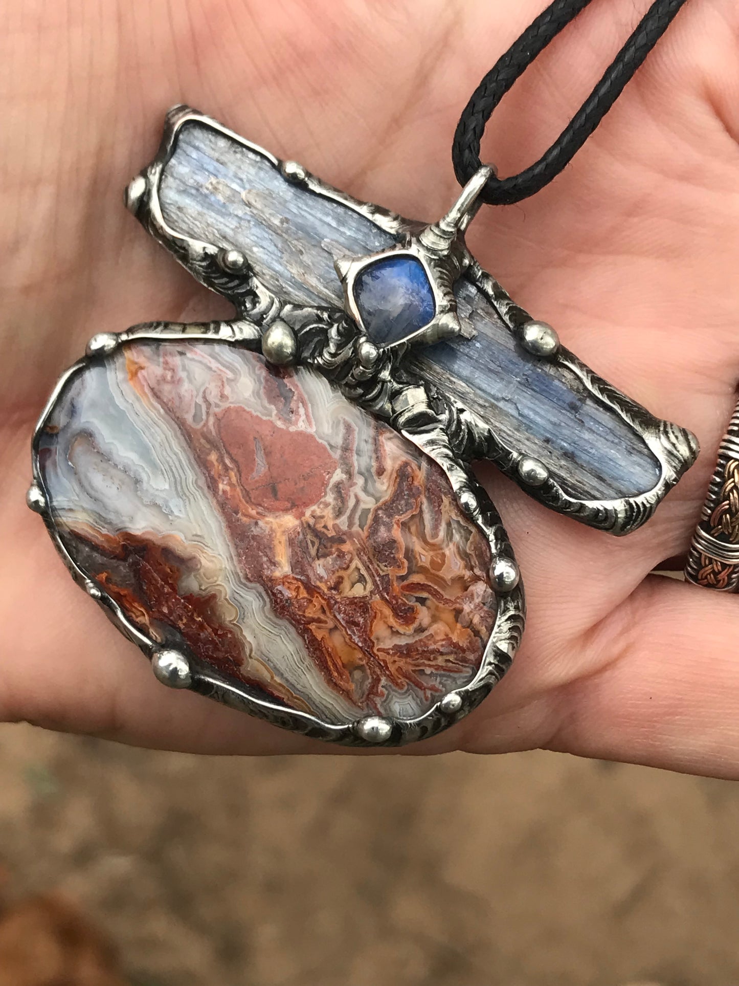 Crazy Lace Agate, blue Kyanite and moonstone triple statement pendant