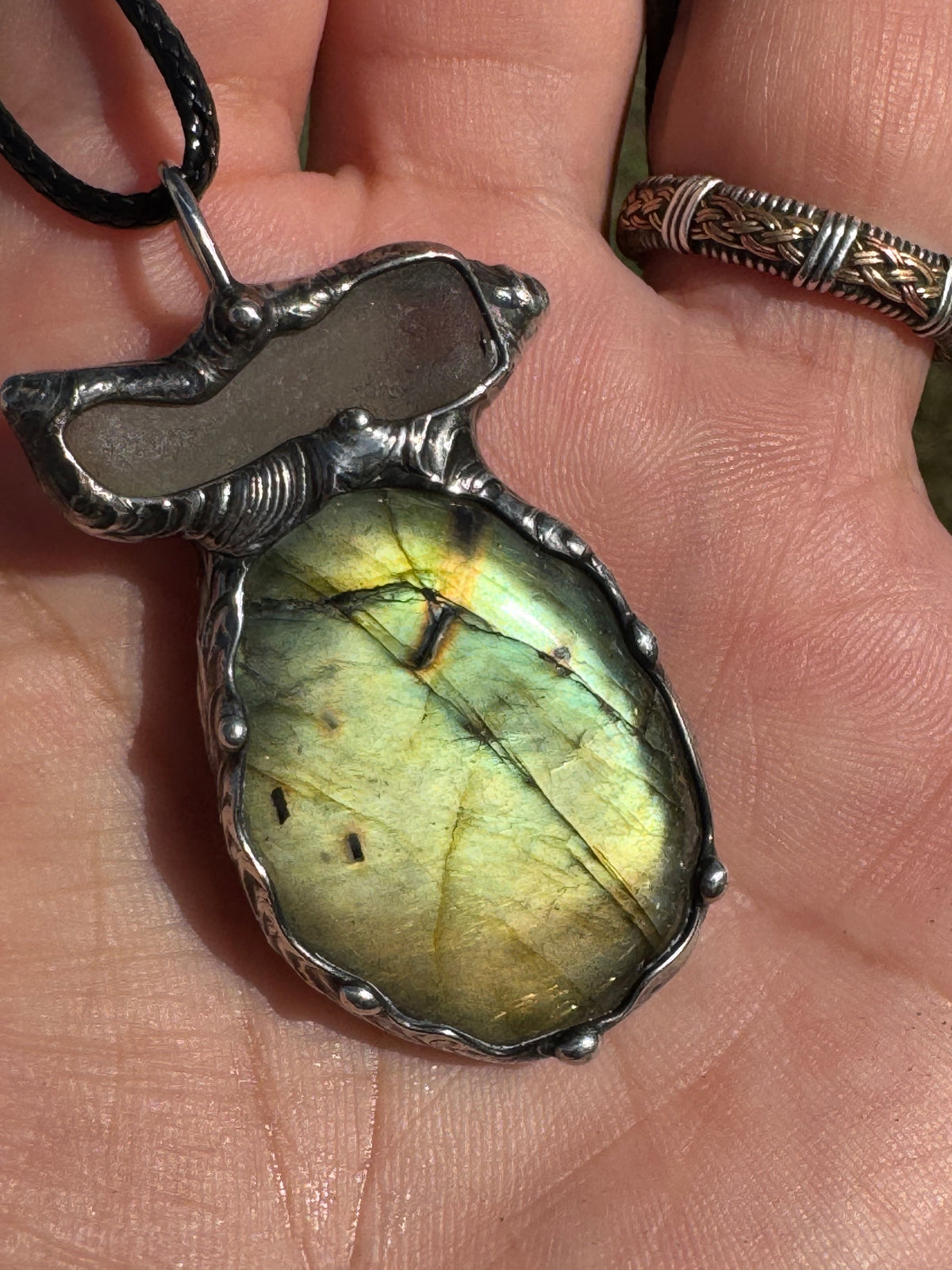 Golden Multiflash Labradorite and Seaglass pendant