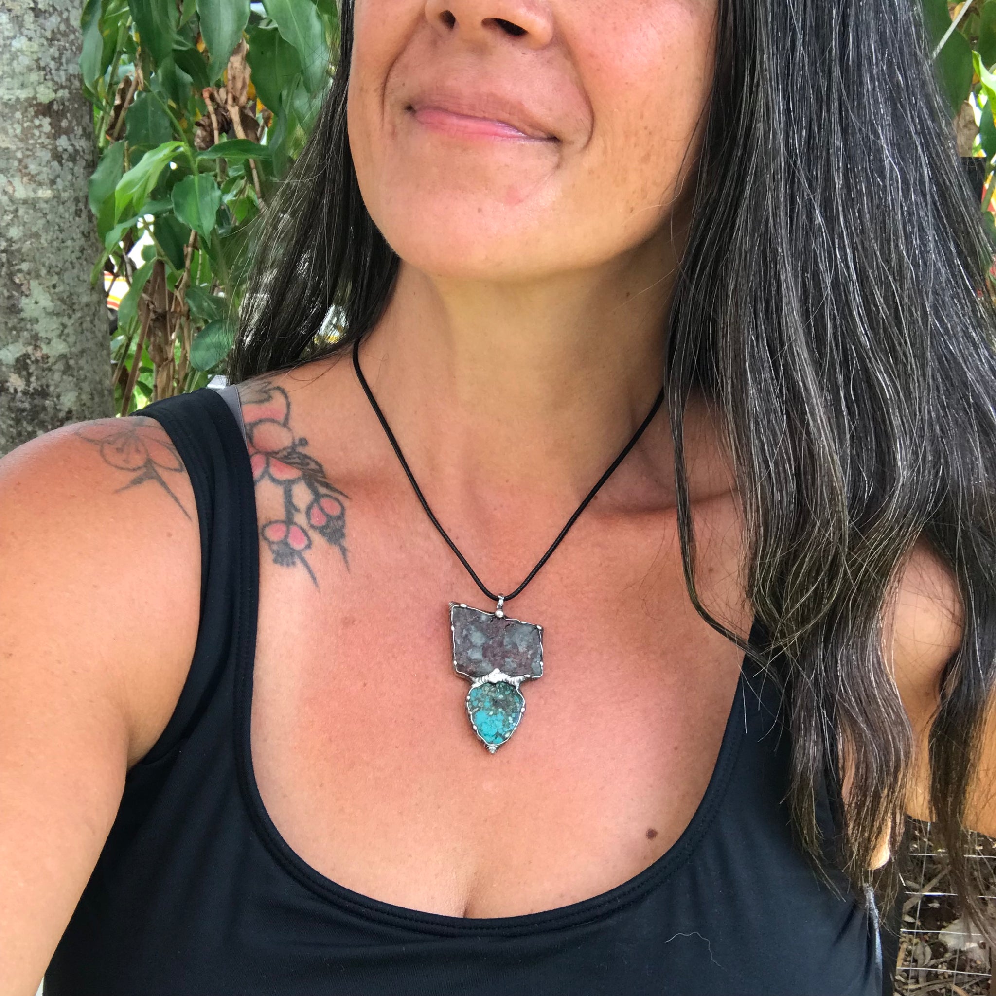 Eudialite and persian turquoise pendant