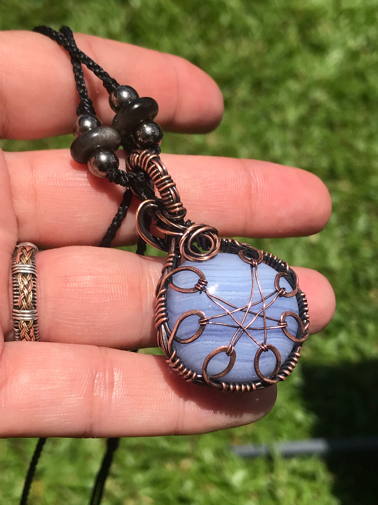 Blue lace agate wire wrap pendant with extra sparkling bail and silversheen obsidian beads 💕