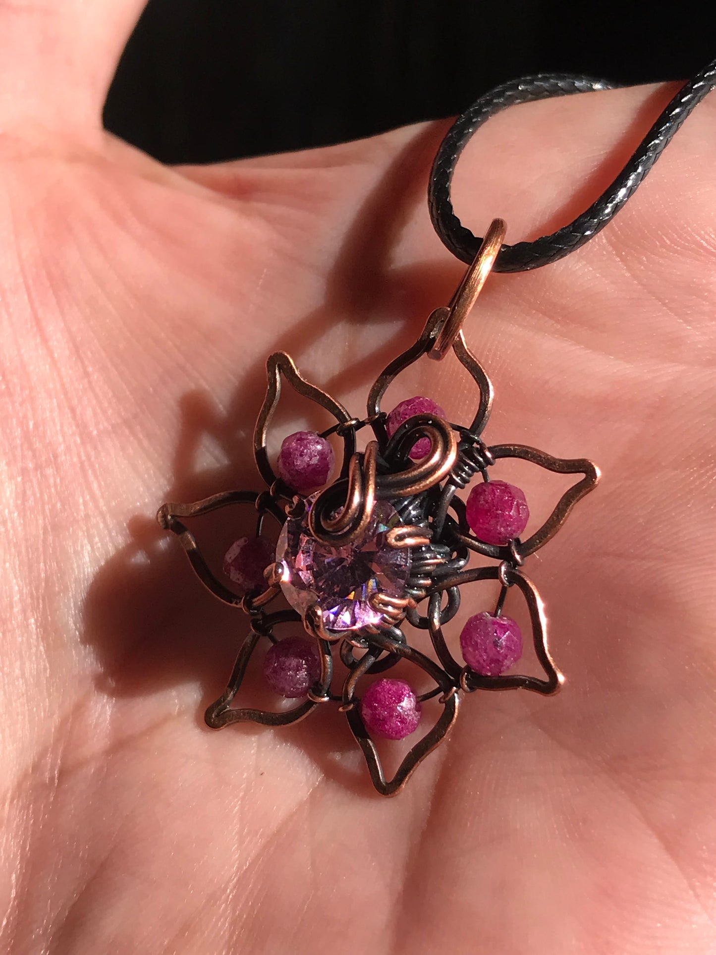 Copper crafted lotus flower pendant with Ruby