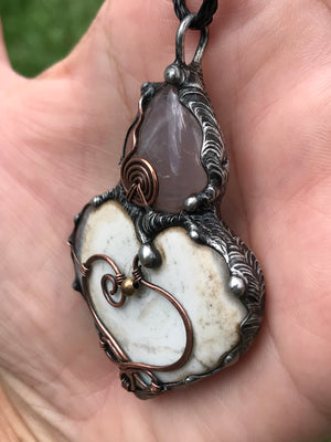 Solar Quartz heart/Rosequartz pendant adorned with a Celtic copper heart and spiral