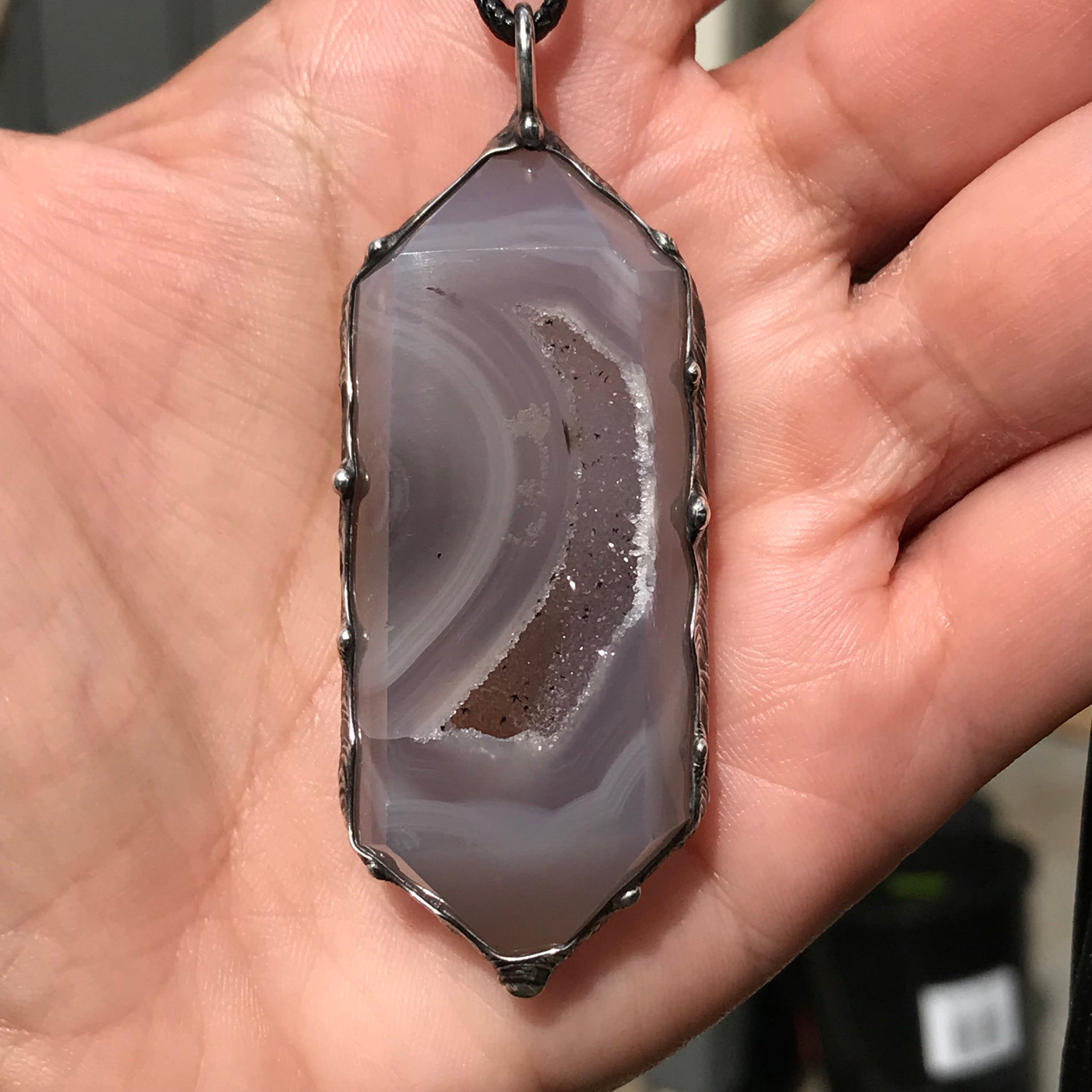 Double terminated agatised Chalcedony with sparkly Druzy moon pocket