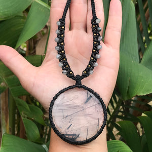 Beautiful and  unique Tourmalinated Quartz statement disc macrame pendant