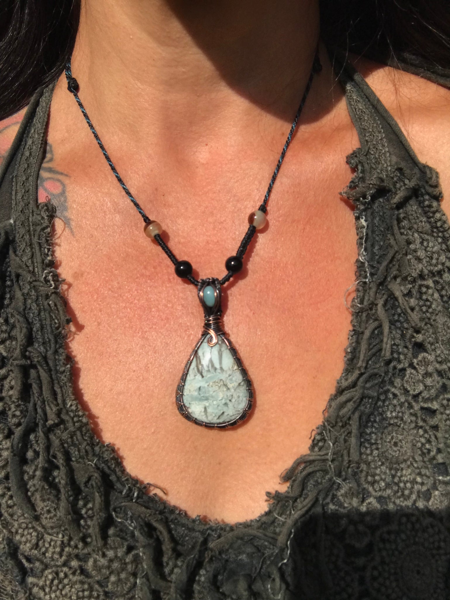 Larimar and blue calcite crystal pendant