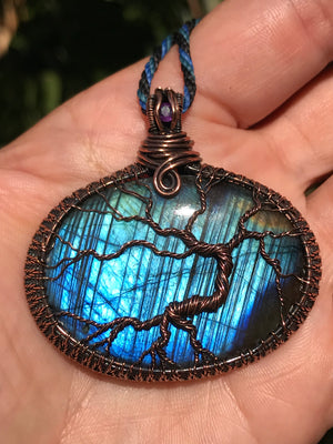 Wire wrapped tree of life on Blue Flash Labradorite Crystal adorned with Amethyst ✨