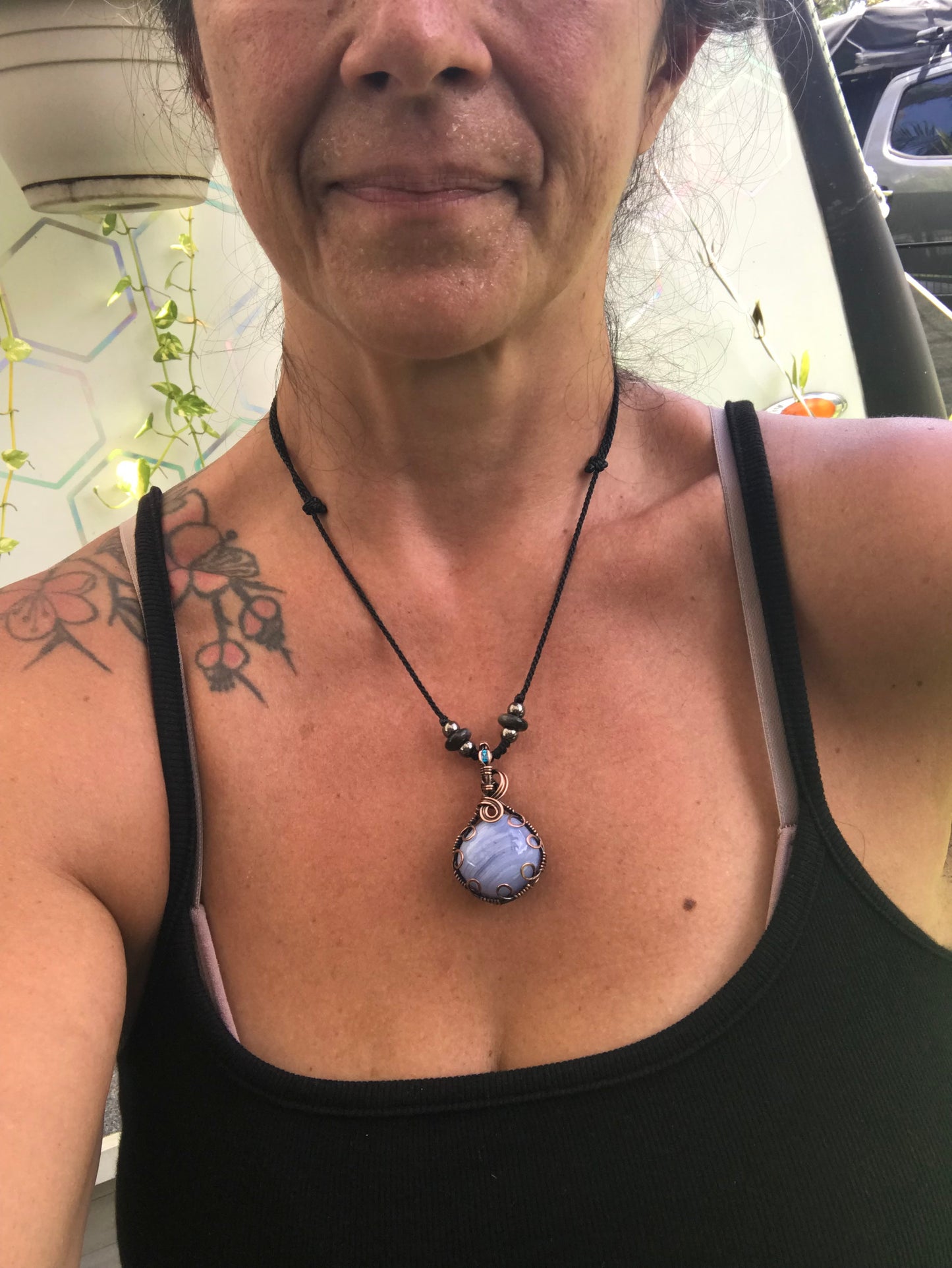 Blue lace agate wire wrap pendant with extra sparkling bail and silversheen obsidian beads 💕