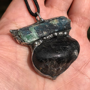 Black Tourmaline and Fuchsite in kyanite pendant