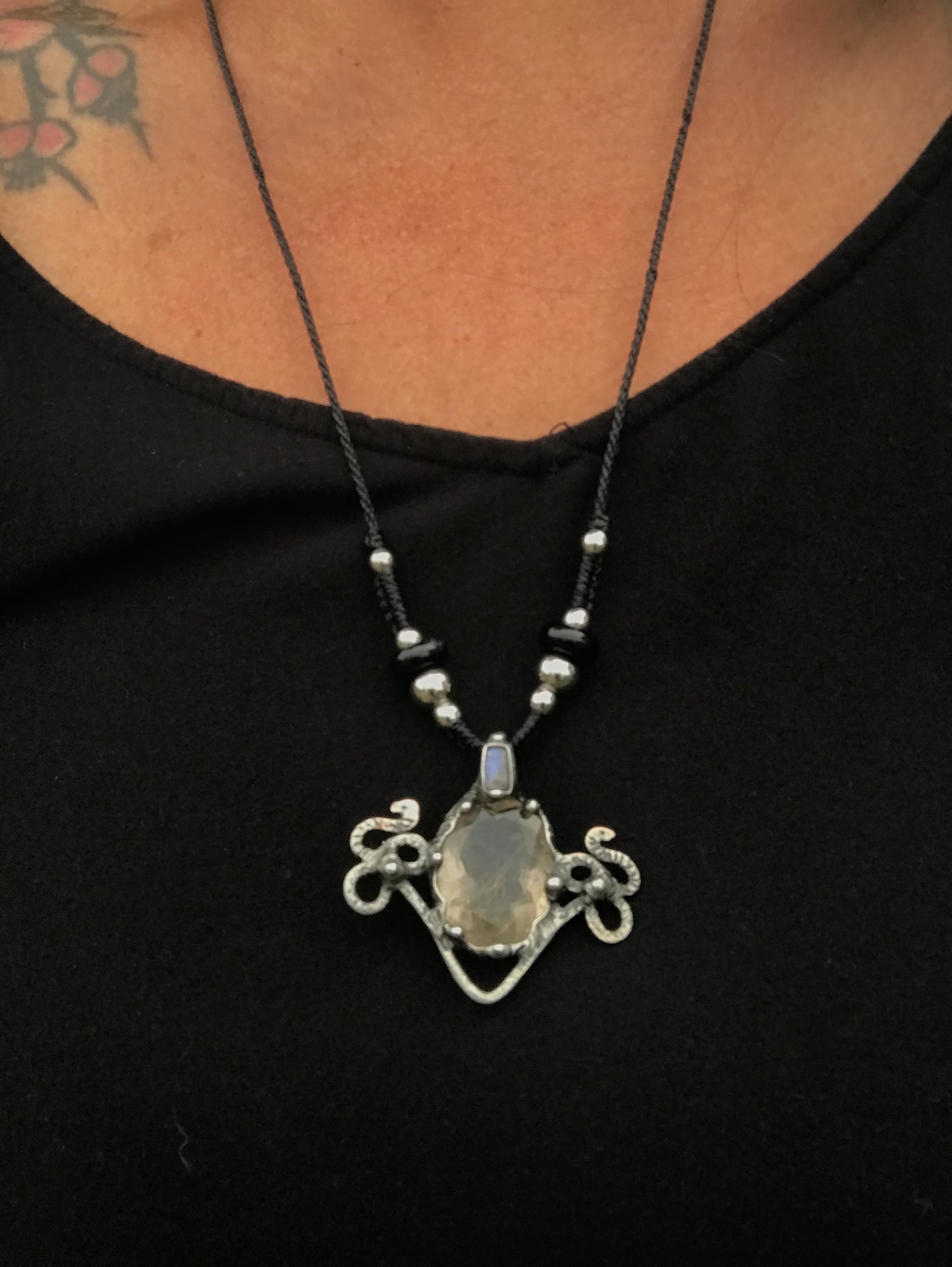 High priestess Golden Rutile and blue flash labradorite serpent pendant