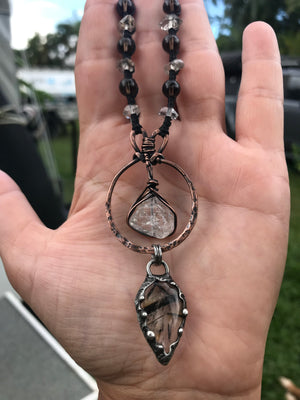 Hammered copper pendant with Herkimer diamond crystal, Tourmalinated and smoky quartz