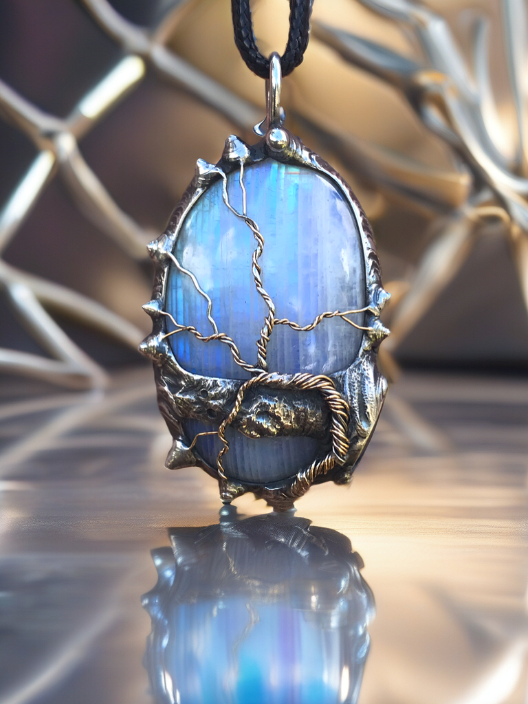 Rainbow Moonstone adorned with gold and sterling silver tree of life