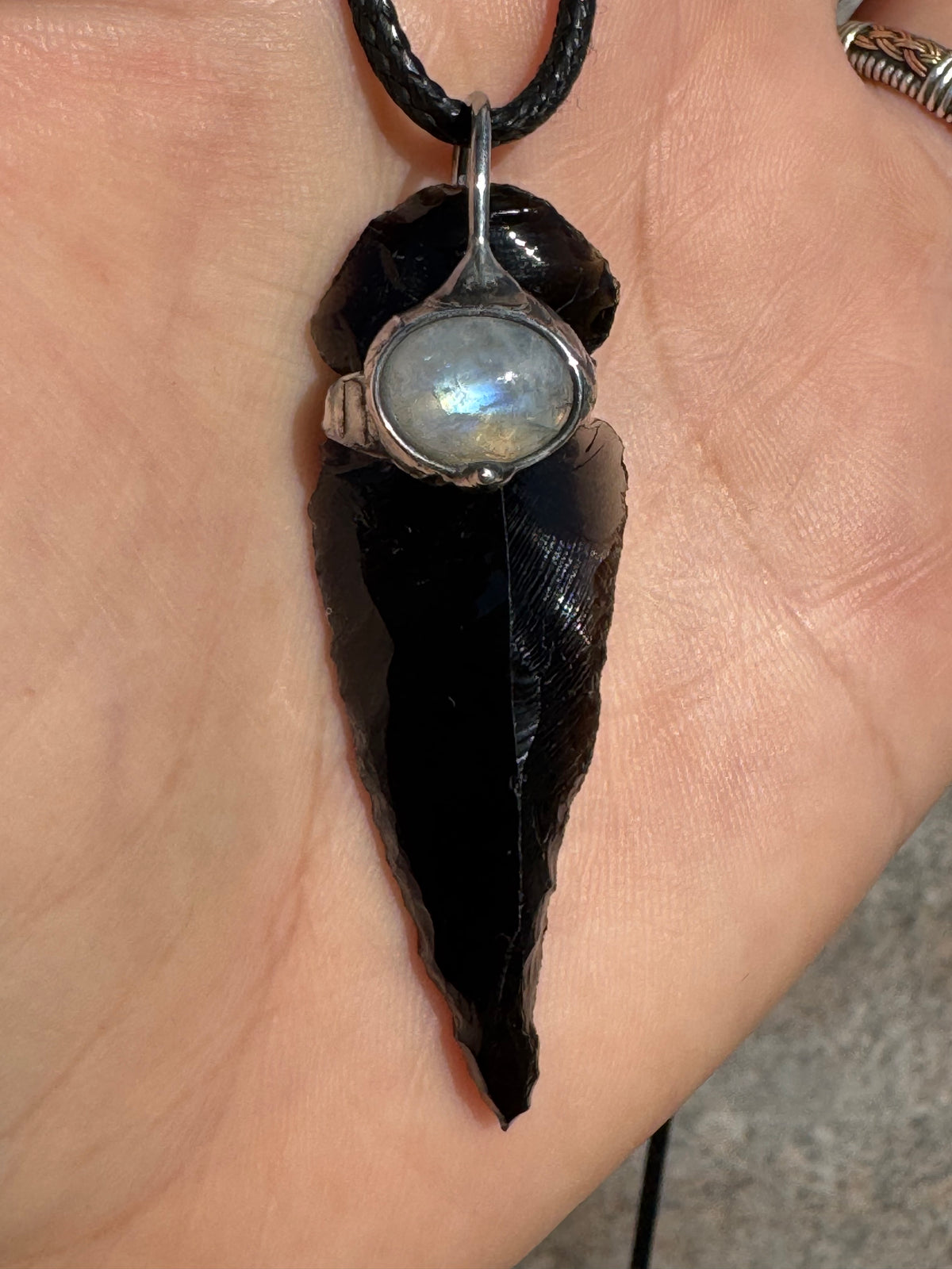 THE PROTECTOR - Raw Black Obsidian Arrowhead + Rainbow Moonstone