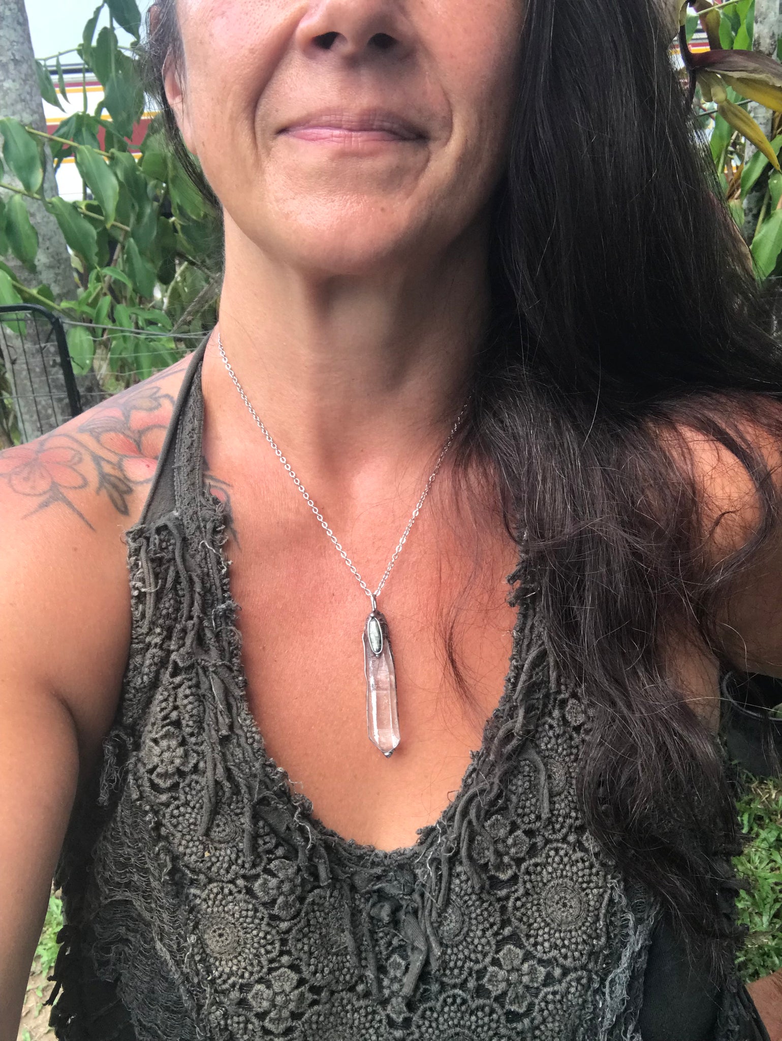 Clear Quartz crystal point with green faceted kyanite