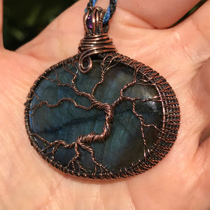 Wire wrapped tree of life on Blue Flash Labradorite Crystal adorned with Amethyst ✨