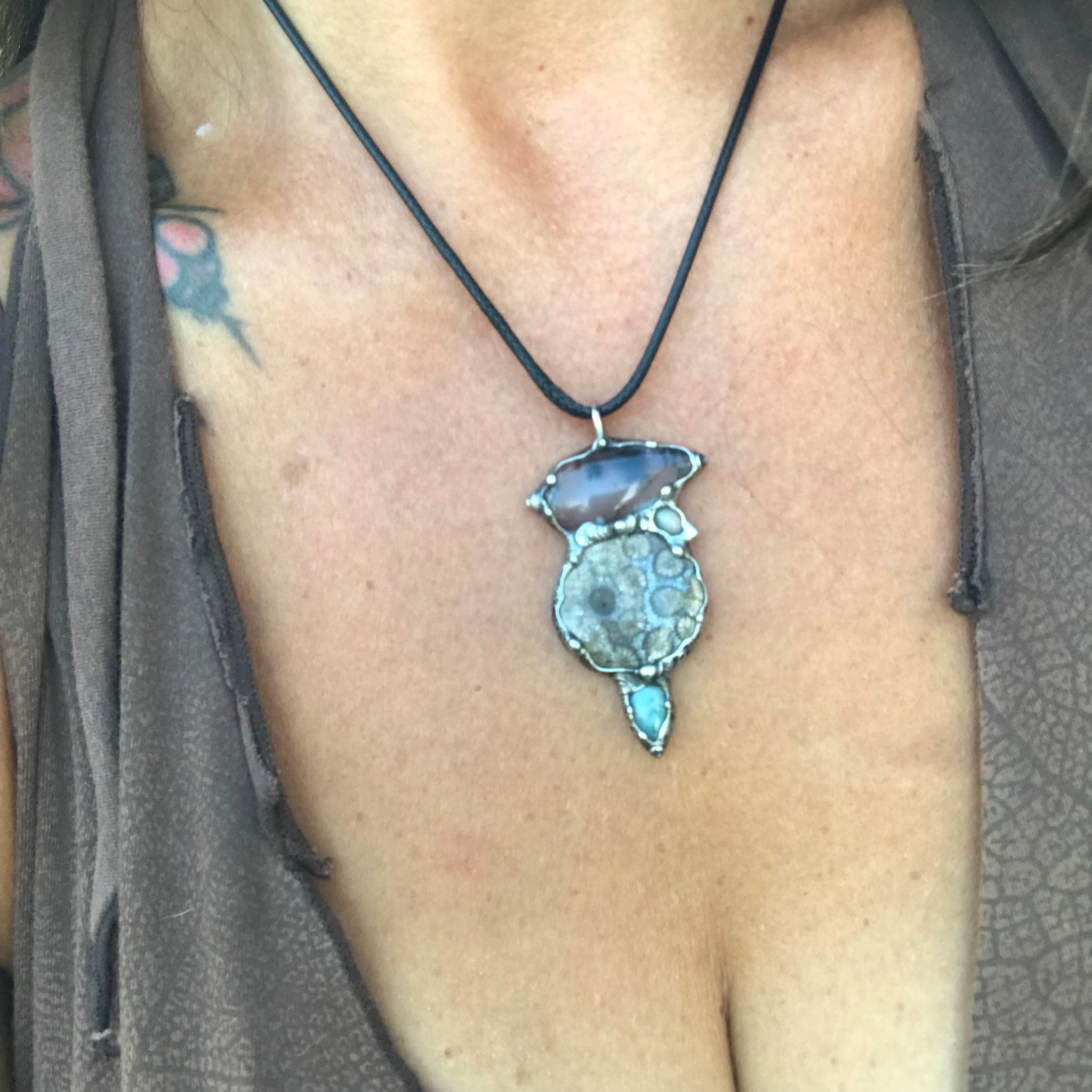 Dendritic agate,fossilised coral, ethiopian opal and larimar Crystal pendant