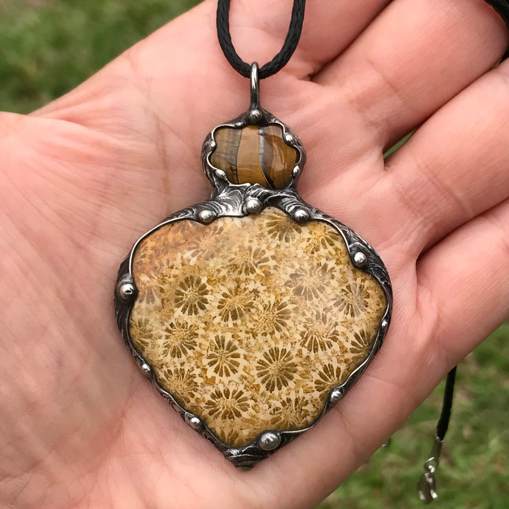 Statement pendant-Fossilised Coral and Tigereye goddess