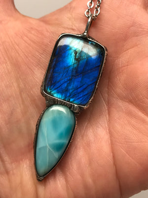 Blue flash Labradorite and Larimar pendant