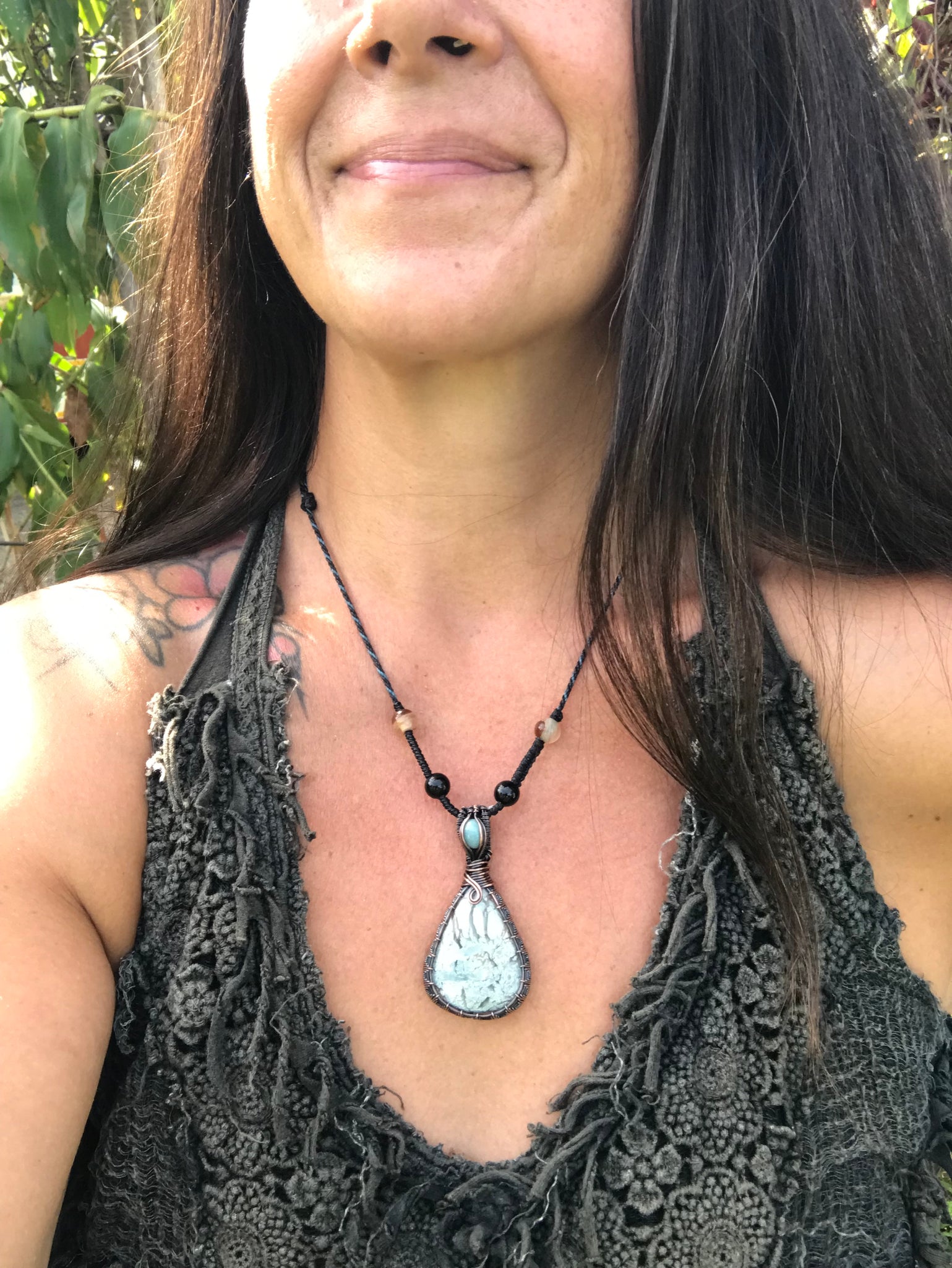 Larimar and blue calcite crystal pendant