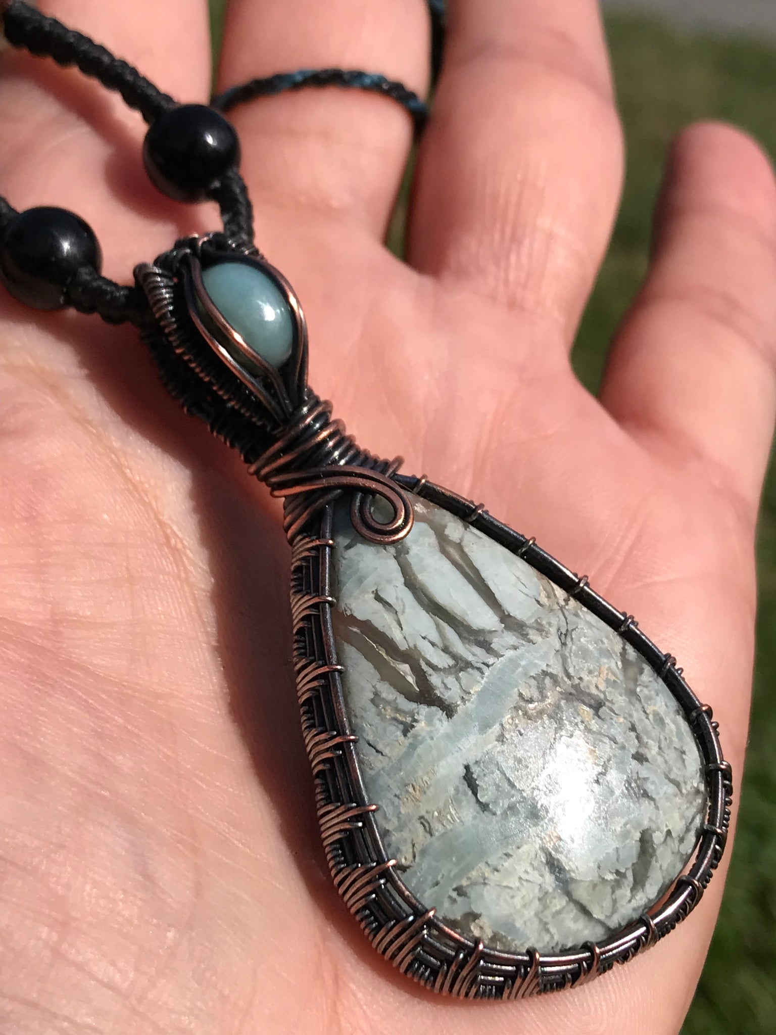 Larimar and blue calcite crystal pendant